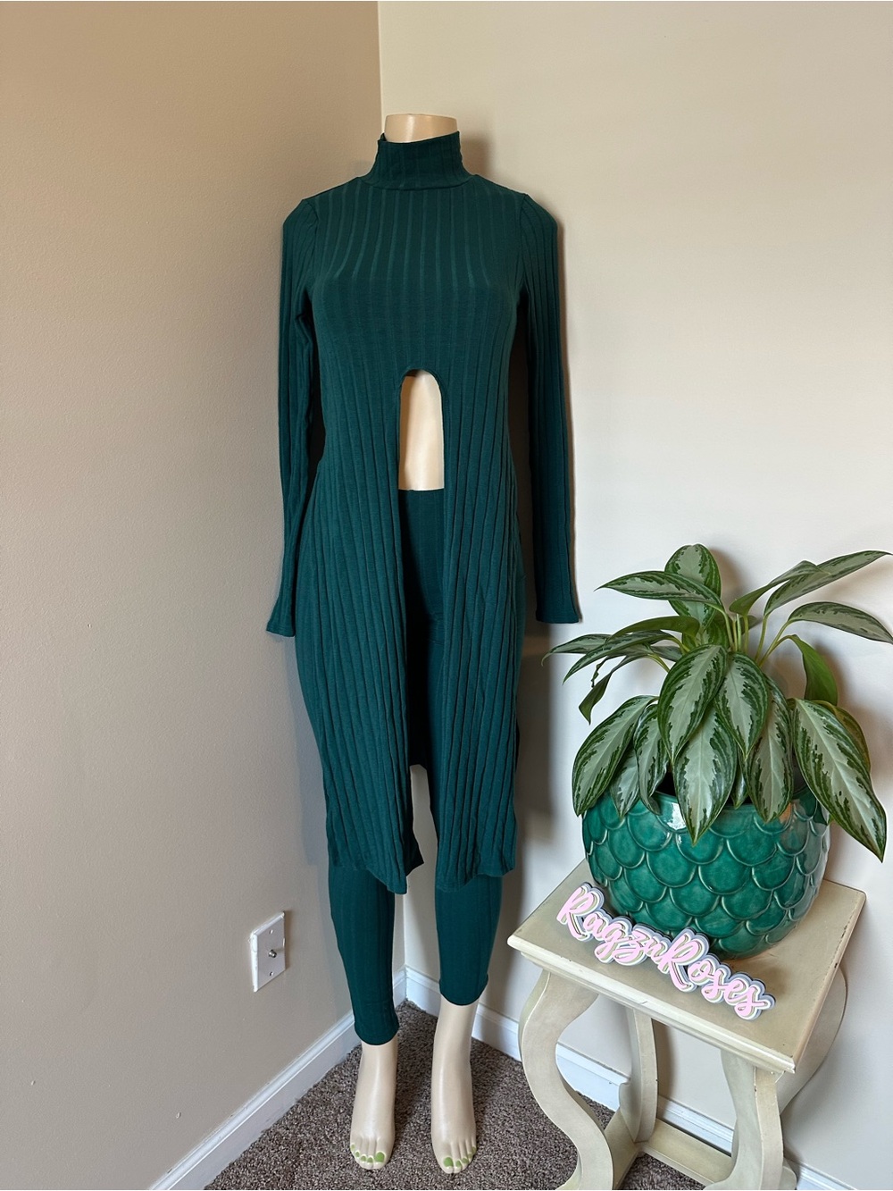 Fashion Nova Teal Ribbed Turtleneck Cutout Pants Set